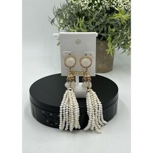 KITSCH Nordstrom Off White Beaded Long Tassel Pierced Gold Tone Earrings New